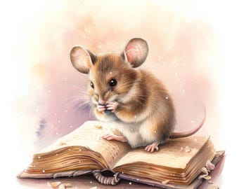 12 Mice Reading Book Clipart Bundle Set, Mice Bedroom, Watercolor clipart, Paper crafts, junk journal, High Quality JPGs, Digital download
