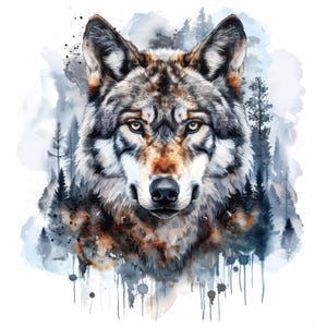 14 Wolf Portrait and Forest Clipart Bundle, Watercolor Wolf Image, Wolf Head Clipart, Scrapbook, Wolf Pack, Wolf In Forest, Forest And Wolf