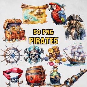 Pacote de clipart de piratas em aquarela, imagens de navios, papagaio PNG, gráfico de bandeira, âncora, caveira, barril, ilustração de baú de tesouro, uso comercial