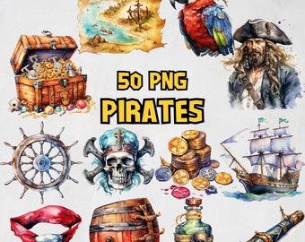Watercolor Pirates Clipart Bundle, Ship Images, Parrot PNG, Flag Graphic, Anchor, Skull, Barrel, Treasure Chest Illustration, Commercial Use