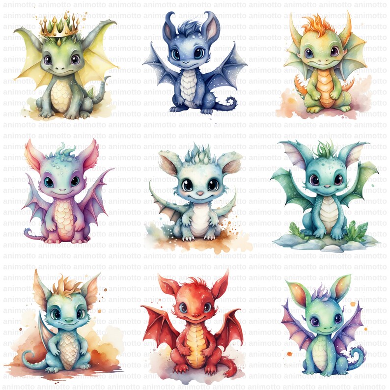 Watercolor Baby Dragons Clipart Bundle | Dragon Images, Adorable Dragon Illustrations | 65 PNG Graphic | Instant Download for Commercial Use