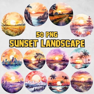 Watercolor Sunset Landscapes Clipart Bundle, Calm Lake Image, Hilltop, Tropical PNG Images, City Skyline Sunset Illustration, Commercial Use