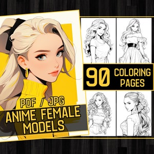 Anime Female Models Adult Coloring Book 90 Beatiful Girl Coloring Pages,Grayscale  Anime Manga Coloring,Instant Download,Printable PDF & JPG
