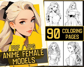 Anime Female Models Adult Coloring Book 90 Beatiful Girl Coloring Pages,Grayscale  Anime Manga Coloring,Instant Download,Printable PDF & JPG