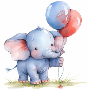 Paquete de 12 imágenes prediseñadas de elefantes bebés sosteniendo globos, ilustraciones de cumpleaños, imágenes prediseñadas de acuarela, archivos JPG de alta calidad, manualidades de papel, diario basura
