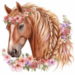 May include: A digital illustration of a horse's head, adorned with a floral crown and a braid. The horse has a brown coat, with a white stripe on its face. The flowers are in shades of pink, purple, and peach.