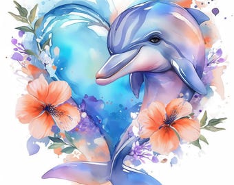Paquete de 11 imágenes prediseñadas de delfines florales, ilustraciones de delfines, imágenes prediseñadas de acuarela imprimibles, JPG de alta calidad, manualidades de papel, diarios