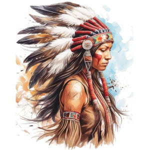Könnte beinhalten: Aquarellillustration einer amerikanischen Ureinwohnerin, die einen traditionellen Kopfschmuck mit Federn trägt. Der Kopfschmuck ist rot, weiß und braun. Sie hat lange dunkle Haare und rote Gesichtsbemalung. Sie trägt ein braunes Lederkleid.