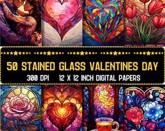 Printable Stained Glass Valentine's Day Digital Paper, Romantic Valentine Ephemera, Floral Heart Pages, Junk Journal, Scrapbooking, Cards