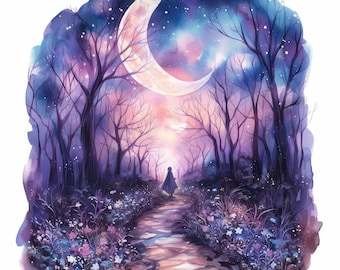 Pacchetto di 16 Clipart di foreste incantate mistiche, Clipart di acquerelli stampabili, JPG di alta qualità, Creazione di biglietti, Carta digitale, Diario spazzatura