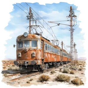 以下が含まれることがあります： 砂漠の風景を走る、オレンジ色のアンティーク列車を描いた水彩画。列車には複数の窓があり、架線に接続されています。空は青く、雲が点在しています。
