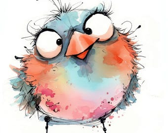 Conjunto de 12 imágenes prediseñadas de pájaros de dibujos animados, ilustraciones de pájaros originales, imágenes prediseñadas de acuarela imprimibles, JPG de alta calidad, descarga digital, uso comercial.