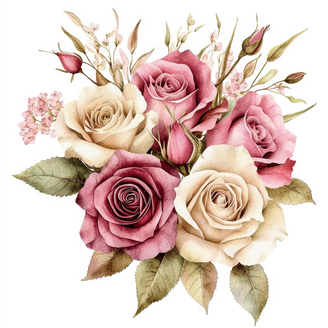 20 Watercolor Roses Bouquet Clipart Bundle Set, Pink Rose, Printable ...