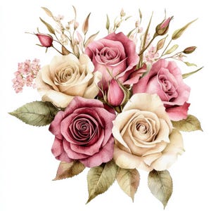 Ensemble de 20 cliparts bouquet de roses aquarelles, rose rose, illustrations imprimables, téléchargement numérique, JPG haute qualité, créations en papier, journal