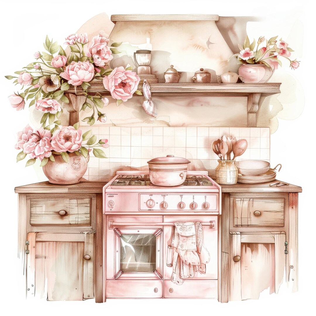 vintage floral kitchen scene clipart set graphic by... 13 Vintage Floral Kitchen Clipart Bundle Set 2, Shabby Chic,watercolor ...