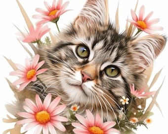 Pacote com 13 cliparts de retratos de gatos com flores, ilustrações florais de gatos, clipart em aquarela para impressão, JPG de alta qualidade, artesanato em papel, diário de sucata