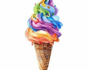 Paquete de 15 imágenes prediseñadas de conos de helado coloridos, ilustración de verano, imágenes prediseñadas de acuarela imprimibles, archivos JPG de alta calidad, manualidades de papel, diario basura