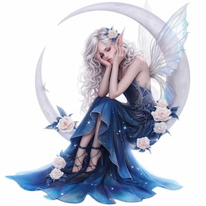10 Moon Fairy Clipart Bundle, bellissime illustrazioni di ragazze, clipart acquerello stampabili, JPG di alta qualità, lavoretti di carta, diari spazzatura