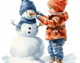 26 Watercolor Kid Making a Snowman Clipart Bundle, Snow Winter Clipart Graphics, Instant Download, Paper Craft, Junk Journal, Scrapbooking