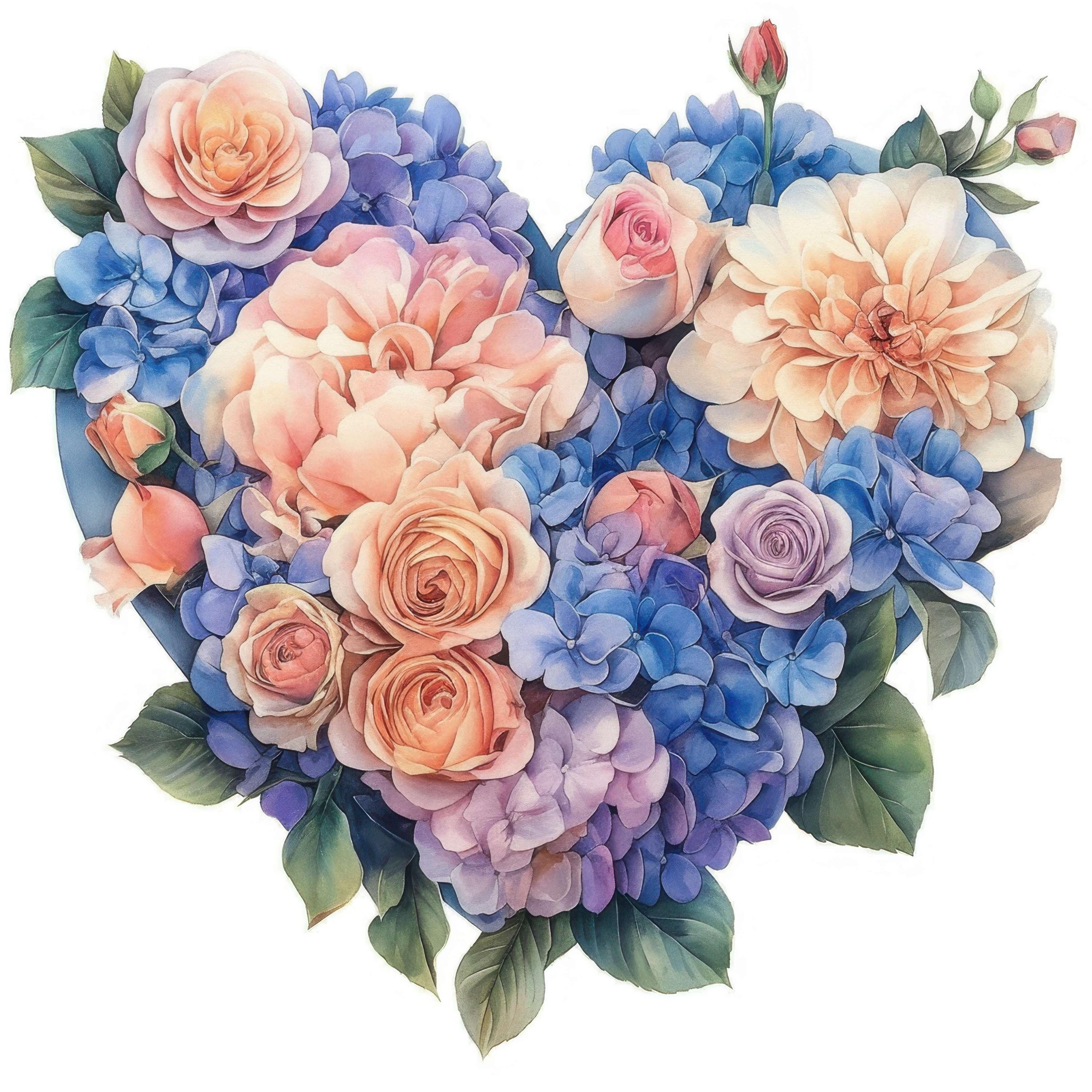 24 Floral Heart Clipart Set, Printable Watercolor Hydrangea Flower ...