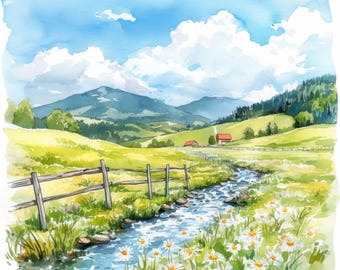 水彩画の田舎の風景クリップアート：夏の風景イラスト（デジタル
