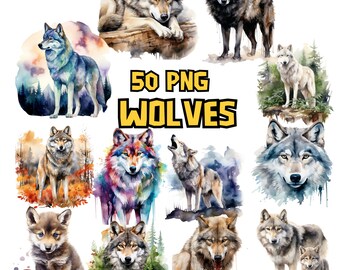 Watercolor Wolves Clipart Bundle, Cute Wolf PNG Graphics, Woodland Animal Illustrations, Baby Wolf, Instant Download for Commercial Use
