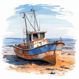 Paquete de 10 imágenes prediseñadas de barcos abandonados, ilustraciones de naufragios, imágenes prediseñadas de acuarela imprimibles, JPG de alta calidad, manualidades de papel, diarios basura