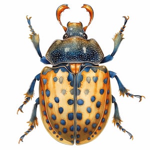 May include: Watercolor illustration of a beetle with a detailed design. The beetle features a tan body with blue spots, blue legs, and a dark blue and tan head. The antennae are orange.