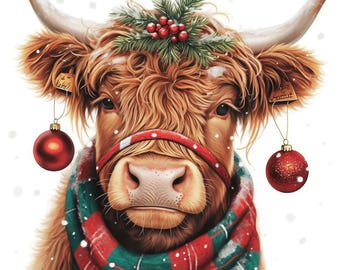 9 Christmas Highland Cow Clipart Bundle, Farm Cow Graphics, Printable Watercolor Clipart, High Quality JPG, Digital Download, Commercial Use