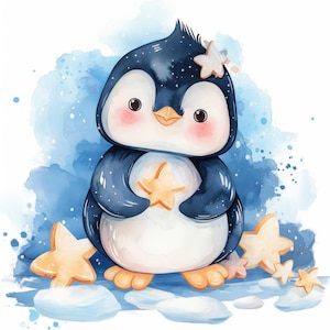 14 Kawaii Penguin Clipart Bundle, Printable Watercolor Cute Penguin Clipart, High Quality JPG, Digital Download, Paper craft, junk journals