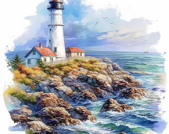12 Lighthouse On Sea Cliffs Clipart Bundle, Ocean Illustrations, Printable Watercolor Clipart, High Quality JPG, Paper craft, Commercial Use