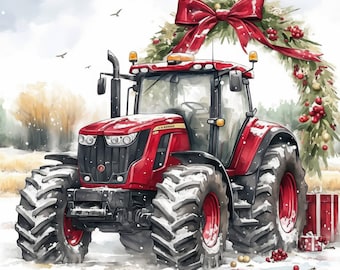 May include: A red tractor with black accents and large tires is decorated with a Christmas wreath and a large red bow. The tractor is in a snowy field with a gift box and berries. The image has a watercolor style.