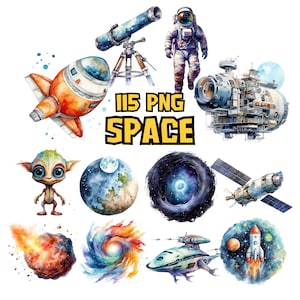 Aquarell Weltraum Clipart | Planet, Spiralgalaxie, Mond, Sternwarte, UFO, Astronaut Illustrationen | Sofort Download für kommerzielle Nutzung