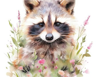 Conjunto de 10 imágenes prediseñadas de mapaches en el bosque, ilustración de mapache, imágenes prediseñadas de acuarela imprimibles, JPG de alta calidad, uso comercial, manualidades de papel, diario
