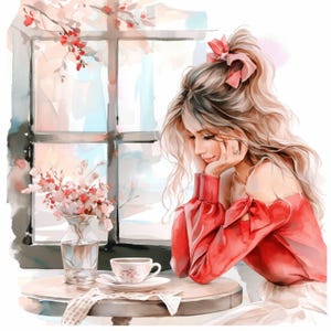 Paquete de 12 imágenes prediseñadas de mujer en un café, ilustración de mujer con café, imágenes prediseñadas de acuarela imprimibles, JPG de alta calidad, manualidades de papel, revistas basura