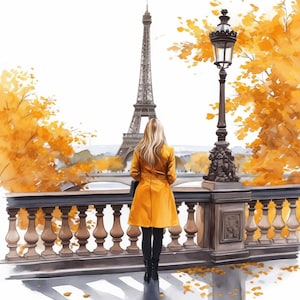 Paquete de 11 imágenes prediseñadas de mujeres en otoño en París, ilustración para hacer tarjetas, imágenes prediseñadas de acuarela imprimibles, JPG de alta calidad, descarga digital, diario