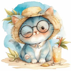 10 Kitten on Summer Vacation Clipart Bundle, Printable Watercolor Clipart, High Quality JPGs, Paper crafts, Digital Download, Junk Journals