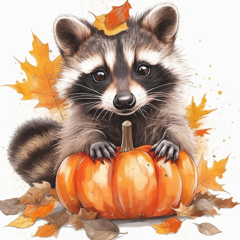 12 Cute Fall Raccoons Clipart Bundle, Autumn Raccoon Illustrations ...