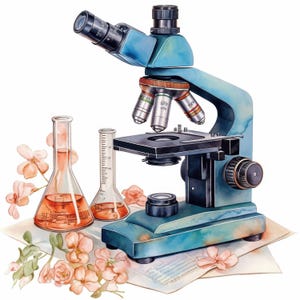 Puede incluir: Ilustración en acuarela de un microscopio azul con tres lentes de objetivo. Dos vasos de precipitados de vidrio llenos de líquido naranja y flores rosas están junto al microscopio. La imagen está sobre un fondo blanco.