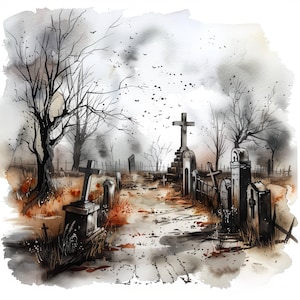 May include: Watercolor painting of a graveyard scene with a path leading through the tombstones. Bare trees and a cloudy sky create a somber atmosphere. Crosses and headstones are visible, with a few birds flying overhead.