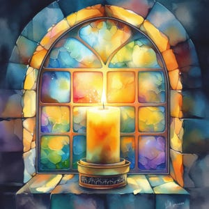 May include: A watercolor painting of a lit candle in front of a stained-glass window. The candle is yellow and orange, set in a gold-colored holder. The window features a colorful mosaic of blues, yellows, and oranges, with a dark blue stone frame.