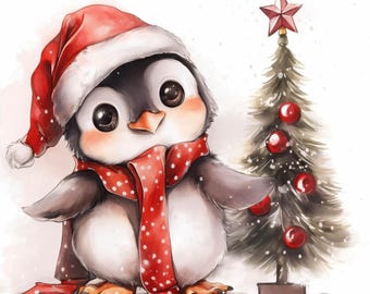 Conjunto de 2 imágenes prediseñadas de pingüinos navideños, lindas impresiones de pingüinos, imágenes prediseñadas de acuarela imprimibles, JPG de alta calidad, manualidades de papel, revistas basura