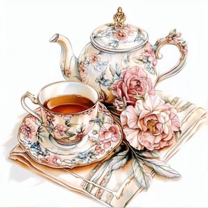 May include: A still-life image of a tea set with a cup of tea, saucer, teapot, and a folded napkin. The tea set is decorated with pink and blue floral patterns. Two pink roses and a leaf are placed next to the tea set.