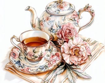 12 Vintage Teapot Set Clipart Bundle, Tea and Lace Illustrations, Printable Watercolor Clipart, High Quality JPG, Paper craft, Junk Journals