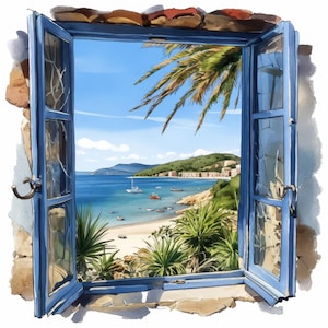 25 Pacchetto di illustrazioni clipart con vista sulla spiaggia e finestra, clipart acquerello stampabili, JPG di alta qualità, artigianato di carta, diario di spazzatura, creazione di biglietti