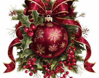 May include: A red Christmas ornament with gold snowflake designs is surrounded by green holly leaves and red berries. A red velvet bow with gold accents is tied around the ornament.