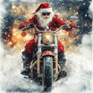 May include: A watercolour painting depicting Santa Claus on a motorcycle in a snowy environment. Santa is dressed in a red suit, hat, and sunglasses. The motorcycle has a classic design with a round headlight and chrome elements. The background shows snow and warm, golden light.