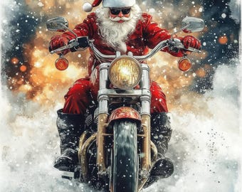 Pakiet 14 klipartów z motocyklowym Mikołajem, ilustracje Mikołaja na Boże Narodzenie, drukowane cliparty akwarelowe, wysokiej jakości pliki JPG, prace papierowe, dziennik śmieci