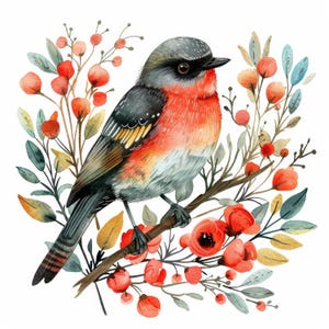 20 Conjunto de clipart de pássaros escandinavos 2, pássaro floral, clipart de aquarela para impressão, PNGs de alta qualidade, artesanato em papel digital, diários de lixo