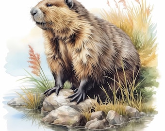 面白いビーバーのクリップアート、水彩風刺画（デジタルダウンロード